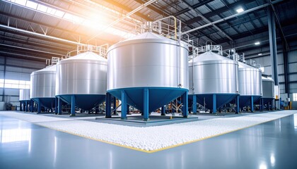 Industrial storage tanks in a modern facility with bright lighting and clean surroundings
