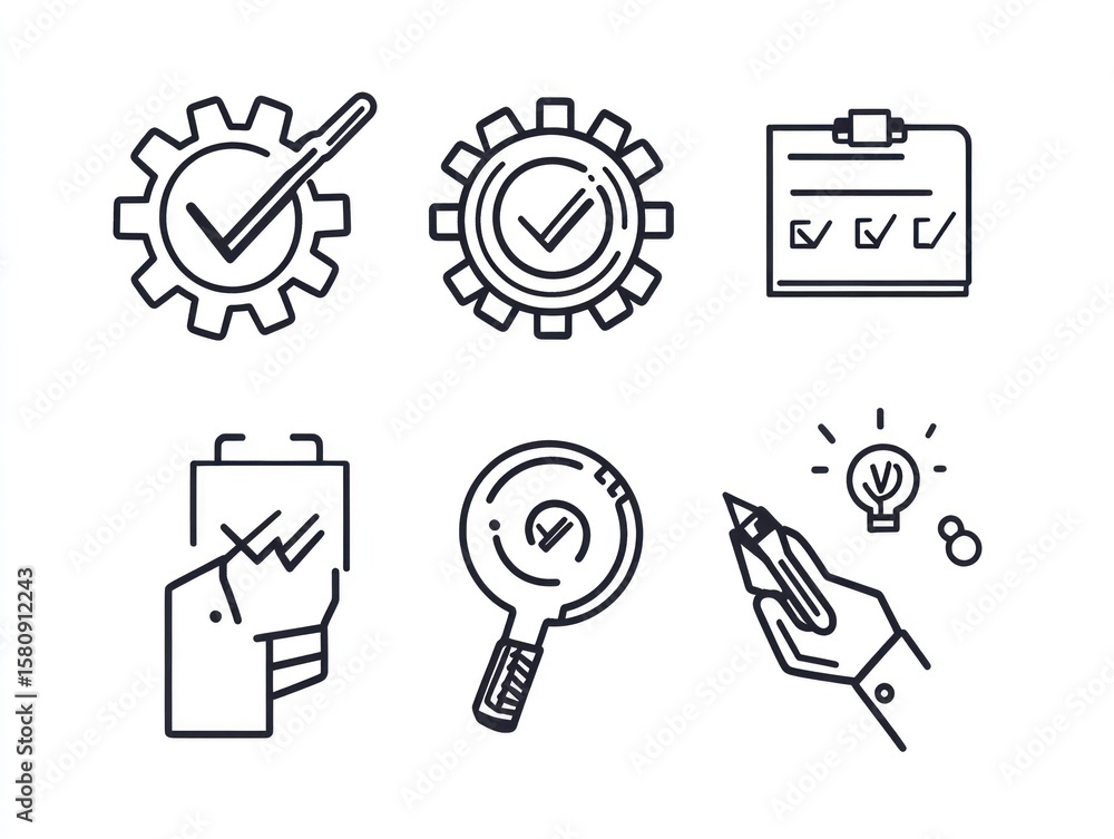 Poster set of simple line icons depicting quality control, progress, and problem-solving