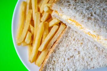London UK, July 14 2025, Freshly Made Tasty Cheese And Onion Sandwich With Chips Or Fries