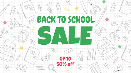 Banner with Back to school Sale message. Vector background in doodle style