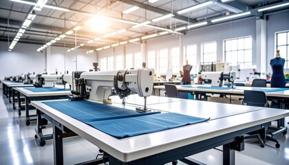 Modern sewing workshop with industrial machines, fabric laid out, bright lighting, and empty workstations