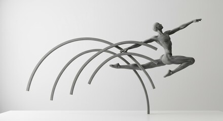 A monochrome sculpture of a dynamic human figure leaping through a series of flowing grey arches