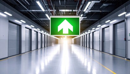 Brightly lit corridor in a modern facility with an upward arrow sign indicating direction