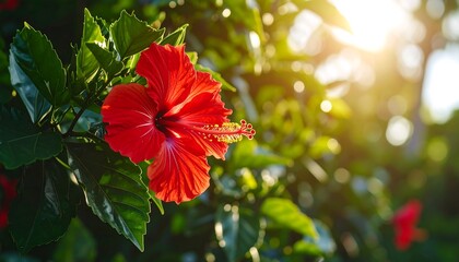 Fototapeta premium Red Tropical Hibiscus with Glossy Leaves