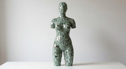 A mosaic sculpture of a female torso made from fragmented green glass on a white surface against a light gray wall