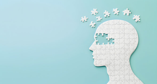 Human head made of puzzle pieces with missing piece in forehead – calm pastel mental health concept for therapy ads, emotional awareness, psychology blogs, wellness posters, or support content