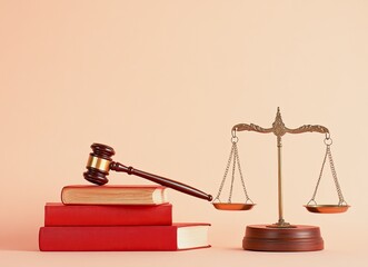 Gavel, scales of justice, and law books on a peach background.