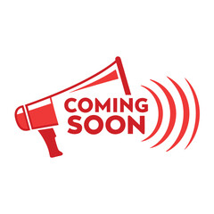 A red megaphone announces that something is coming soon with waves on white