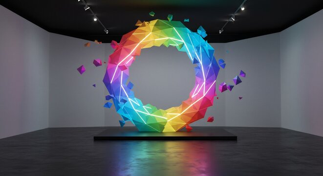 A polygonal rainbow ring sculpture with white lights and floating fragments in a modern art gallery setting