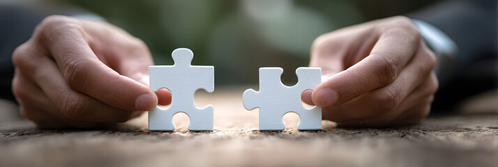 Joint venture, partnership, Mergers and acquisition concept, businessman hand connecting puzzle pieces, copy space
