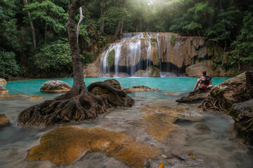 Landscape view of Erawan waterfall kanchanaburi thailand.Erawan National Park is home to one of the...
