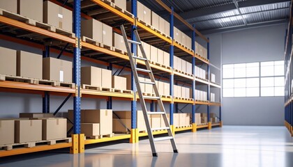 A well-organized warehouse with shelves full of cardboard boxes and a ladder for access