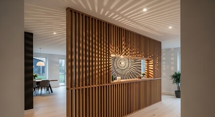 Wooden room divider with intricate design, casting sun rays patterns on the wall.