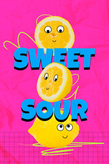 Sketch pop image sketch vertical collage of sweet sour lemon fruit half detox nutrition vitamins emoji eyeball stare mouth smile