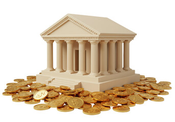 Isolated Classic Bank Building with Gold Coins