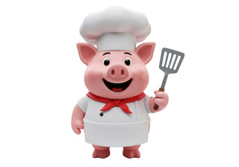 Isolated Cartoon Pig Chef Holding Spatula