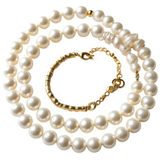 Elegant Pearl Necklace with Gold Clasp Isolated on White Background