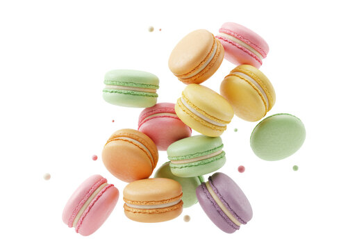 Isolated Pastel Macarons Falling in Delightful Cascade