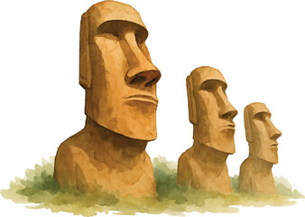Moai Statues Watercolor Illustration – Easter Island Cultural Heritage