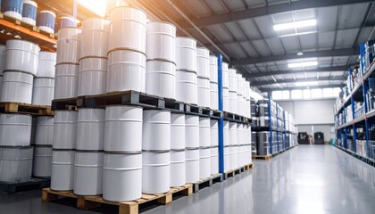 Industrial warehouse filled with stacked white barrels on pallets, showcasing organized storage