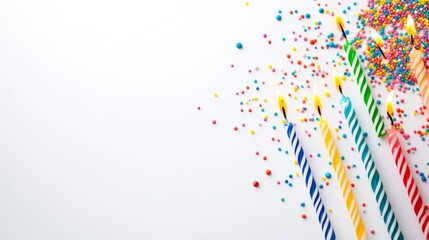 Naklejka premium Top-down view of colorful lit birthday cake candles surrounded by rainbow candy sprinkles on a white background, festive celebration concept