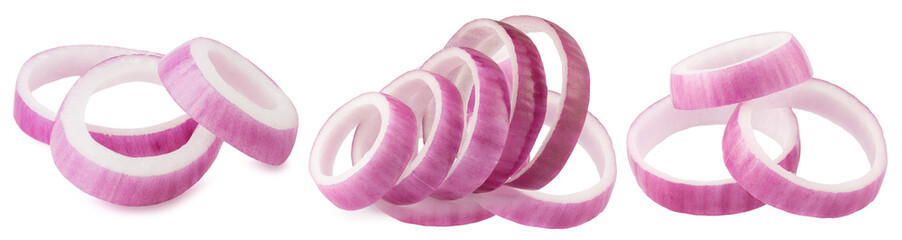 collection of red onion slices isolated on white background