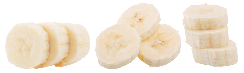 collection of banana slices isolated on white background