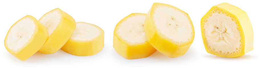 collection of banana slices isolated on white background