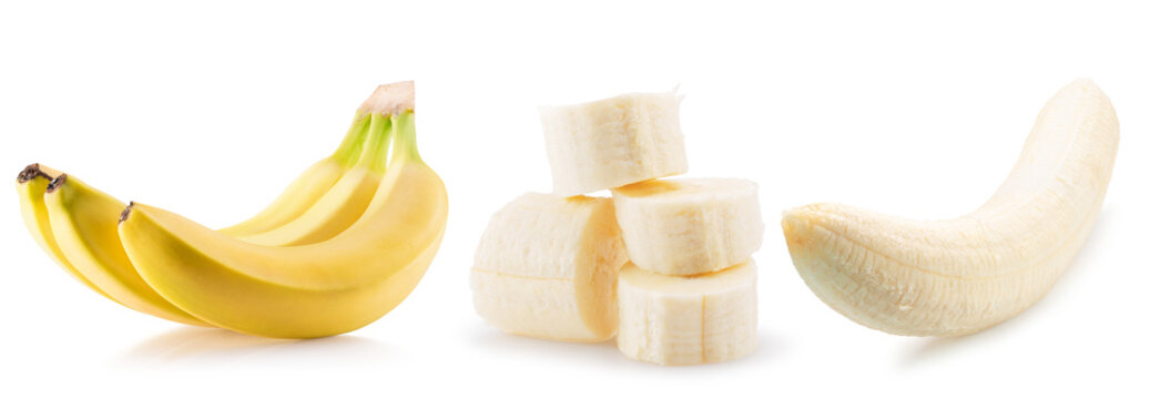 collection of banana with slices isolated on white background