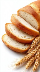 Freshly sliced artisan bread with wheat ears on white background