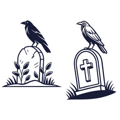 Naklejka premium Two gravestones each topped with a raven, one with plants and the other with a cross, in black and white