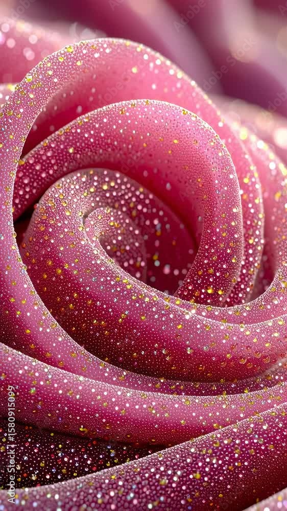 Poster a macro shot of soft, curling pink fabric covered in fine glitter particles, creating a dazzling and