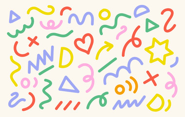 Multicolor lines memphis pattern background with basic shapes including triangle, heart, circle, wavy lines, zigzag, and star etc. Multicolor modern abstract background