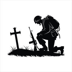 Soldier kneeling in silhouette at a grave with a rifle and cross