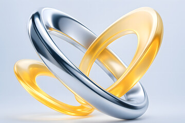 Elegant 3D abstract composition featuring intertwined silver metallic and translucent golden rings. Perfect for luxury branding, product design, technology visuals, and modern cosmetic backgrounds.