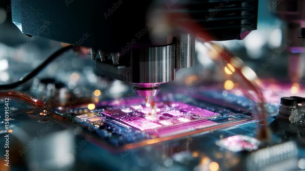 Poster automated robotic arm precisely assembling electronic components on a circuit board, showcasing adva