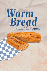 Vertical 3d poster art pop collage of advertisement warm bread loaf aroma nutrition sandwich white...