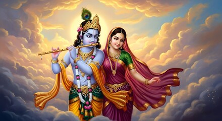 Fototapeta premium Celestial Harmony Krishna plays his flute,Radha gracefully stands beside him,amidst a breathtaking,golden-hued cloudscape.A divine union,painted with vibrant colors and ethereal beauty.