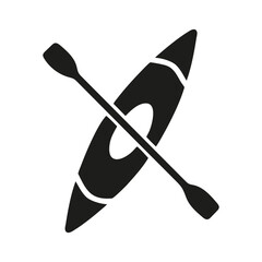 Black silhouette showcases the kayak and paddle against the transparent background in minimalistic style