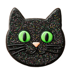 Black cat shaped cookie with green eyes and colorful sprinkle decoration, festive and playful dessert for celebrations or Halloween party