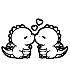 Fototapeta premium Cute Kawaii Dinosaur Couple Hugging, Romantic Animal Illustration