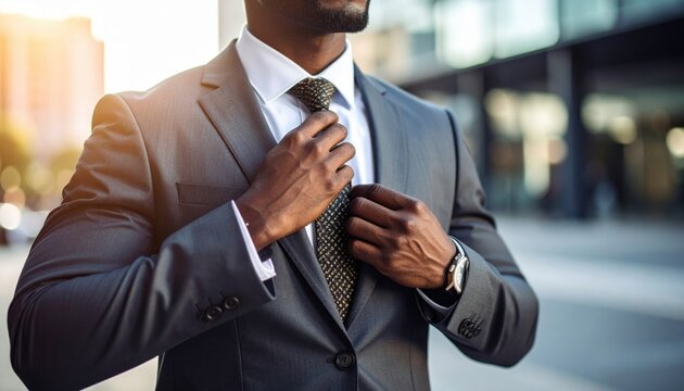 Businessman Adjusting Tie In City Street
