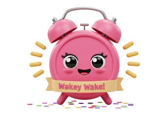 Isolated Pink Alarm Clock Character with Wake-up Banner