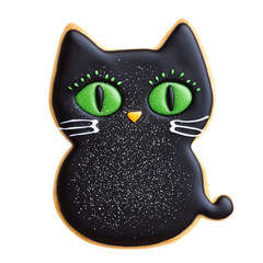 Black cat shaped cookie with green eyes and white whiskers decorated with sugar sprinkles, perfect for Halloween or festive celebrations with cute and spooky vibe