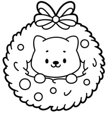 Wreath with Cozy Pet — Kawaii Christmas Wreath Clipart (Line Art)