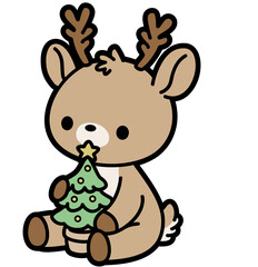 Little Reindeer with Tiny Tree — Kawaii Christmas Animal Clipart
