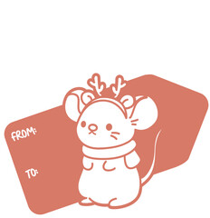 Mouse with Holiday Tag — Kawaii Christmas Clipart (Color / Outline)