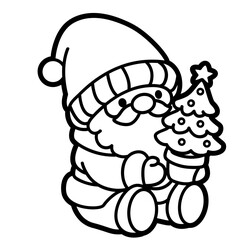 Santa Holding Mini Tree — Kawaii Christmas Coloring Page & Clipart
