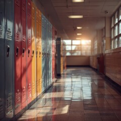 Colorful school hallway with bright lockers and sunlight reflection on shiny floor, educational atmosphere, color palette of orange, yellow, pink, turquoise, and warm golden light