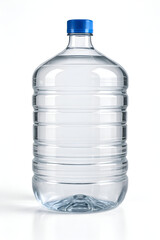 Large plastic water bottle with blue cap, full of clean water, on white surface